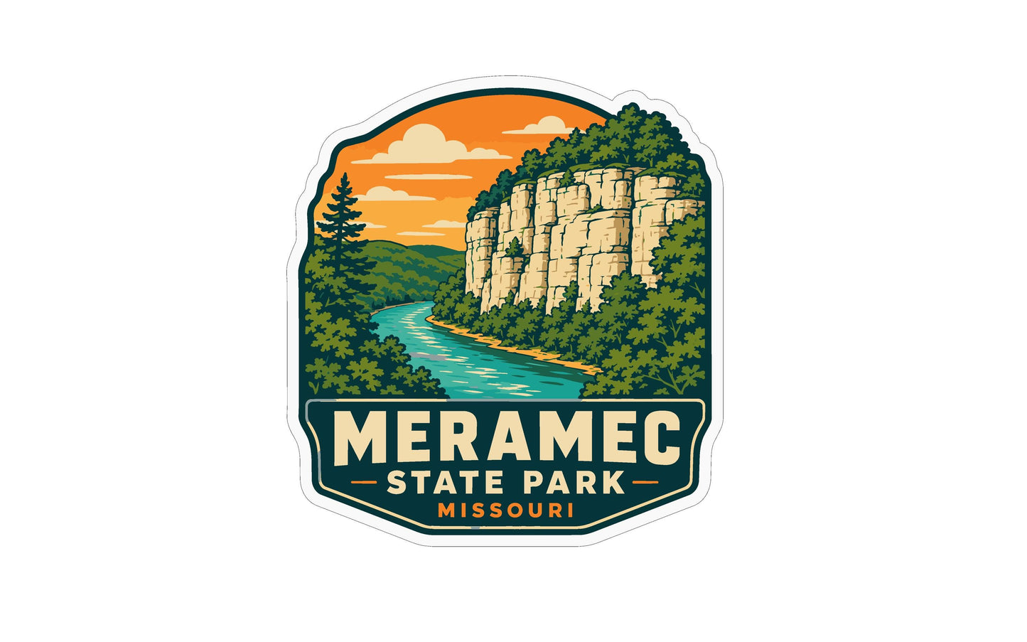 a sticker or emblem with a scenic landscape depicting a river, cliffs, and trees. The text "MERAMEc State Park - Missouri" is prominently displayed, indicating the location of the landmark.