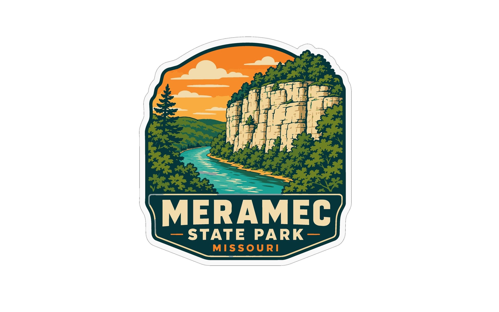 a sticker or emblem with a scenic landscape depicting a river, cliffs, and trees. The text "MERAMEc State Park - Missouri" is prominently displayed, indicating the location of the landmark.