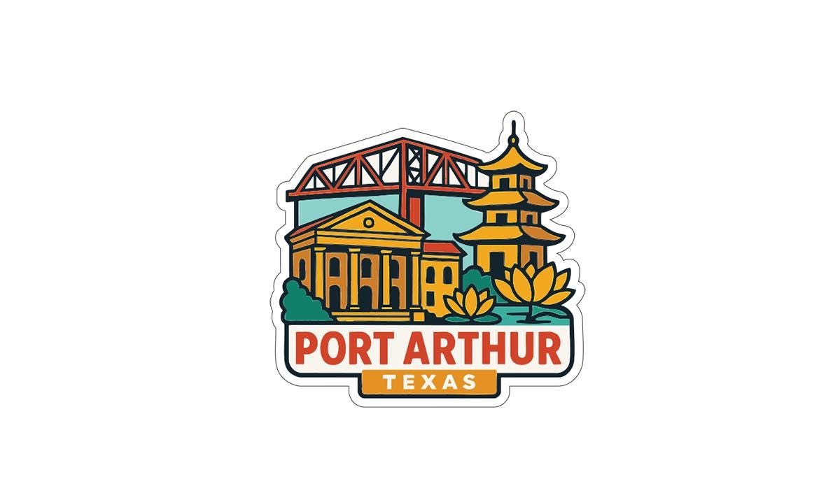 A sticker or emblem featuring the iconic architecture and landmarks of Port Arthur, Texas.