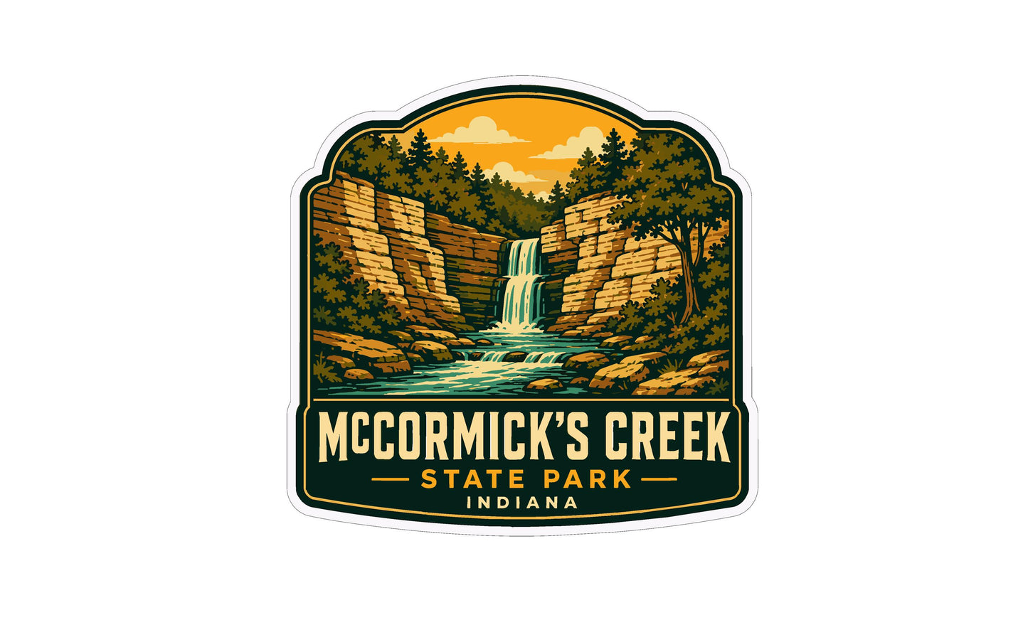 a sticker or logo for McCormick's Creek State Park in Indiana. The design includes a waterfall, trees, and a scenic landscape, with the text "McCormick's Creek State Park, Indiana" prominently displayed.