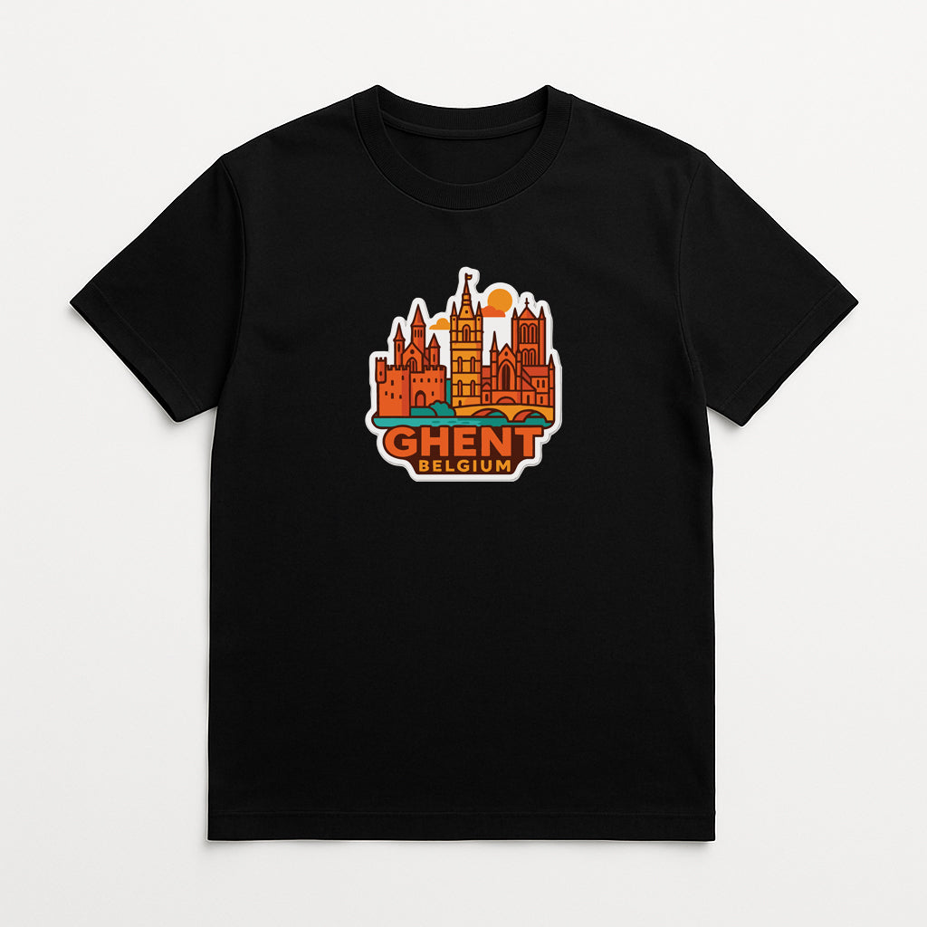 A black t-shirt with a graphic design depicting the cityscape of Ghent, Belgium.