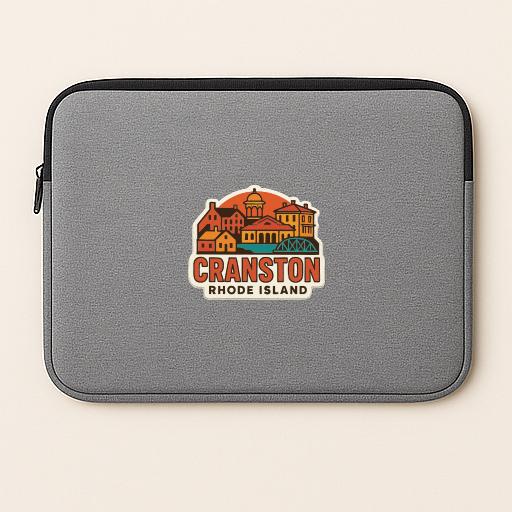 A gray laptop sleeve with a logo for Cranston, Rhode Island.