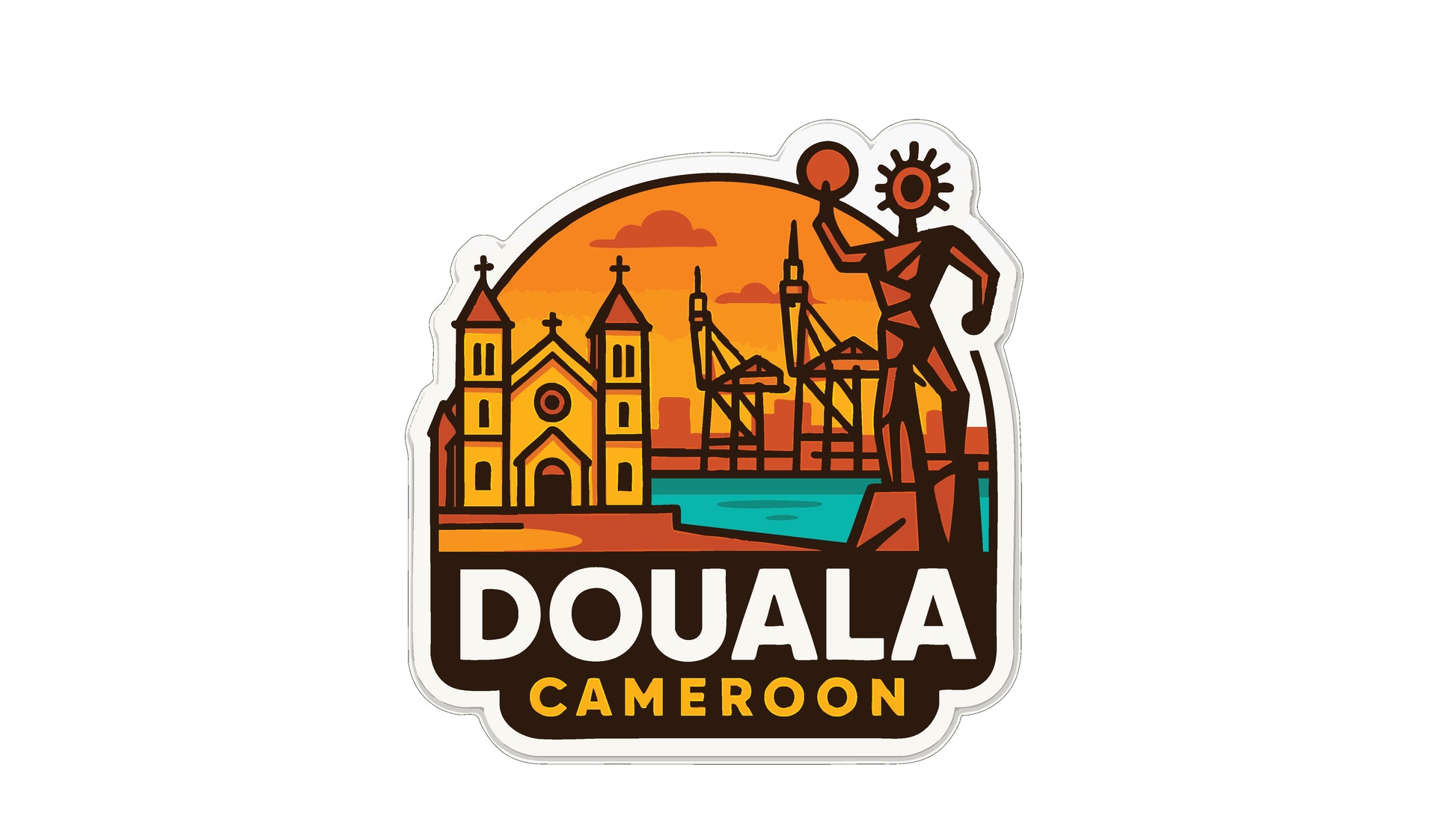 a stylized illustration of Douala, Cameroon, with a figure holding a basketball and a cityscape in the background.
