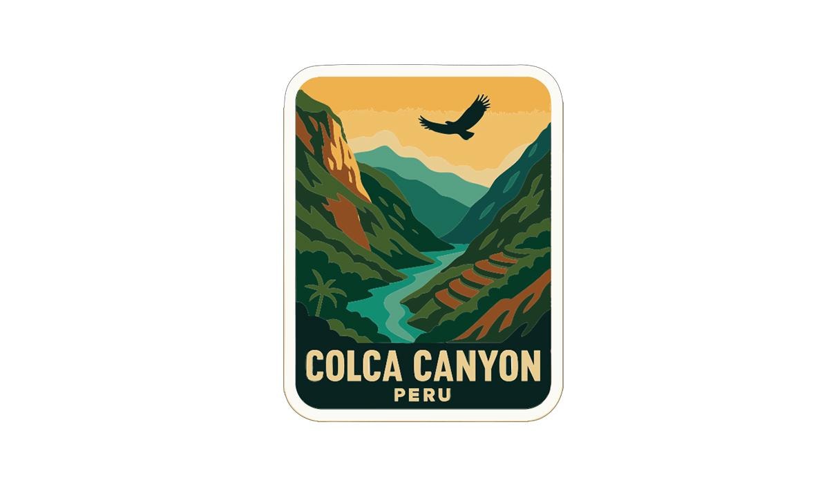 A sticker depicting a scenic landscape with mountains, a river, and a bird in flight, with the text "COLCA CANYON PERU" below it.