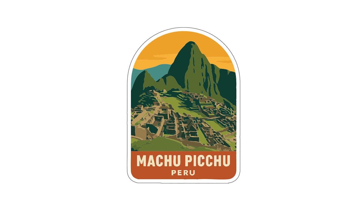 a sticker or label with an illustration of Machu Picchu, a famous Incan citadel located in the Andes mountains of Peru.