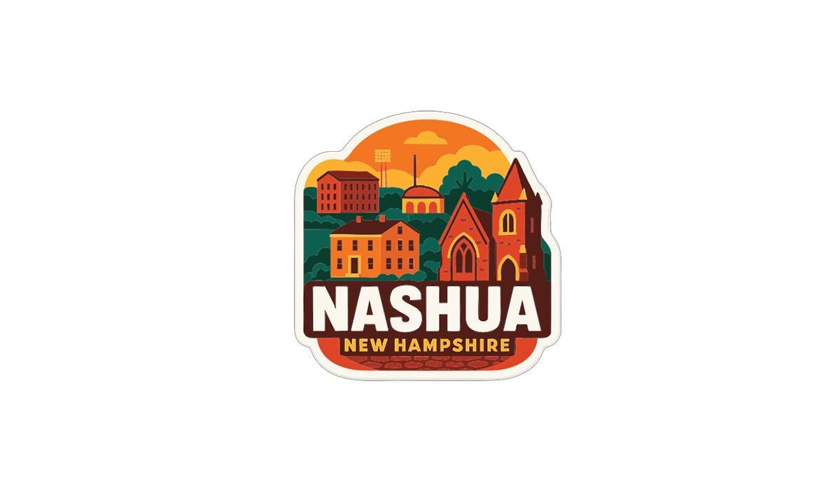 a sticker or logo with a colorful illustration of a town or city, including buildings, a church, and a sunset. The text "NASHUA NEW HAMPSHIRE" is prominently displayed in the center of the image.
