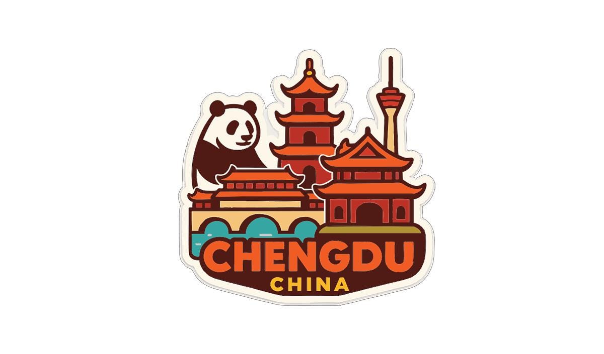 A sticker or emblem featuring the iconic landmarks and architecture of Chengdu, China, including pagodas, a tower, and a bridge.