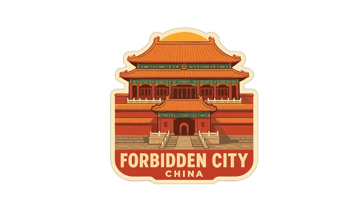 A sticker depicting the Forbidden City in Beijing, China.