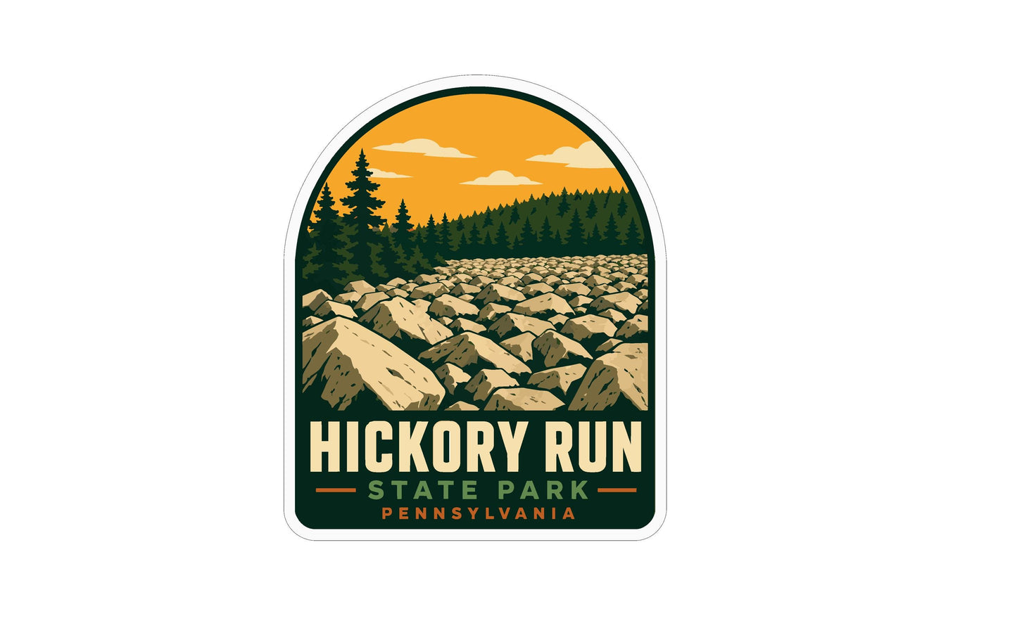 A sticker or emblem featuring a scenic landscape with a rocky terrain, pine trees, and a sunset sky. The text "HICKORY RUN STATE PARK PENNSYLVANIA" is prominently displayed, indicating the location of the landmark.