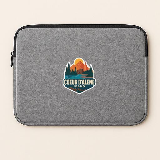 A gray laptop sleeve with a logo for Coeur d'Alene, Idaho.