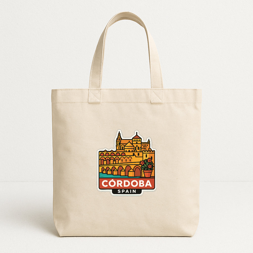 A beige tote bag with a printed design of Cordoba, Spain, featuring a castle and other architectural elements.