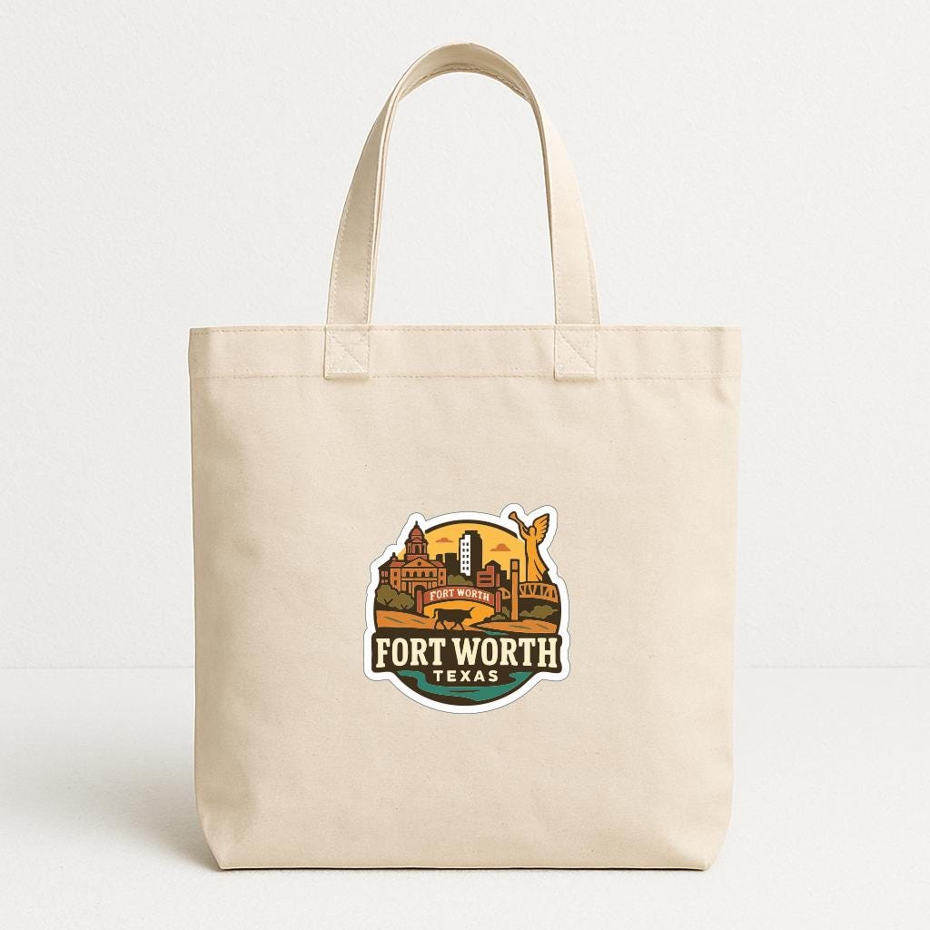 A beige tote bag with a printed design featuring the Fort Worth, Texas skyline.