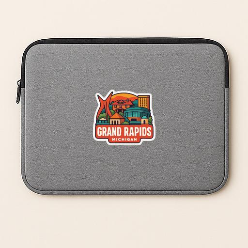 A gray laptop sleeve with a colorful graphic of a city skyline and the text "GRAND RAPIDS MICHIGAN" printed on it.