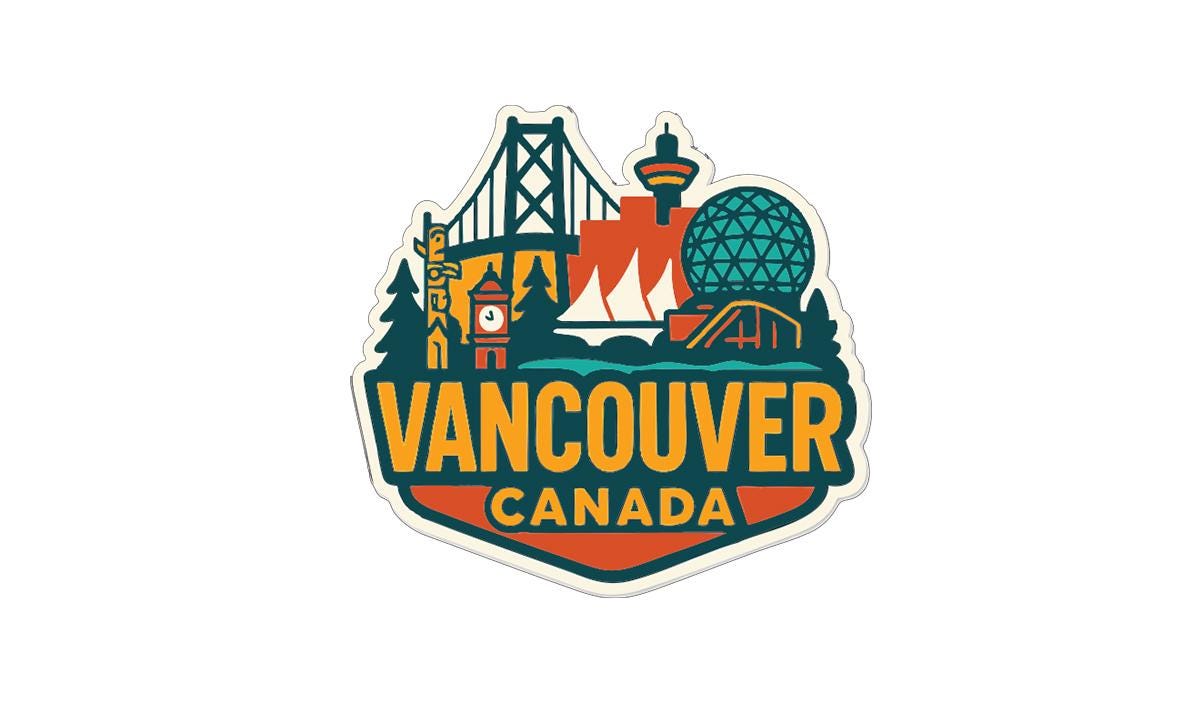 a sticker or emblem with various landmarks and symbols associated with Vancouver, Canada.