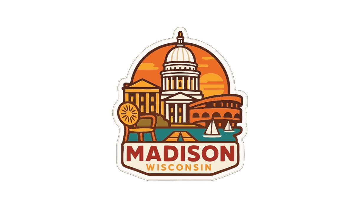 a stylized sticker or emblem with various landmarks and symbols representing Madison, Wisconsin.