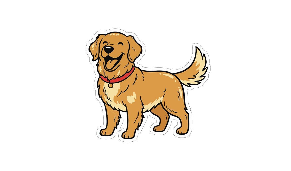 A cartoon illustration of a happy golden retriever dog wearing a red collar.