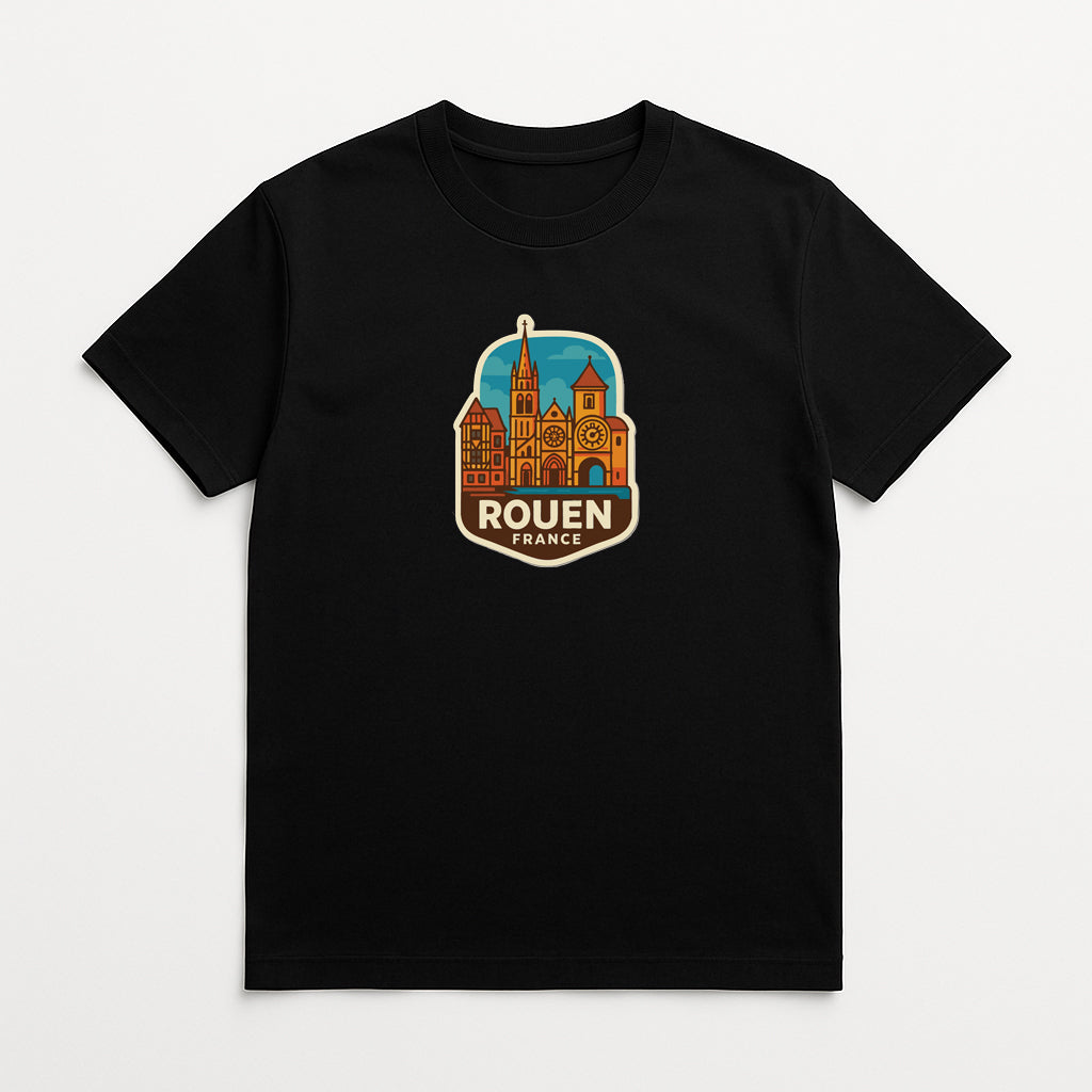 A black t-shirt with a graphic design depicting the Rouen Cathedral in France.
