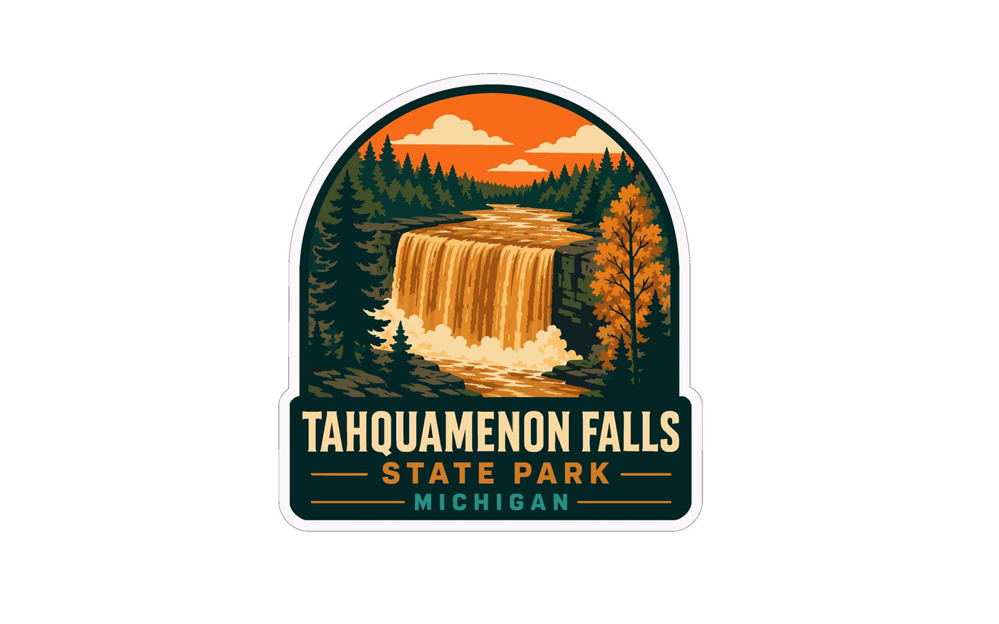 A sticker depicting the scenic waterfall at Tahquamenon Falls State Park in Michigan.