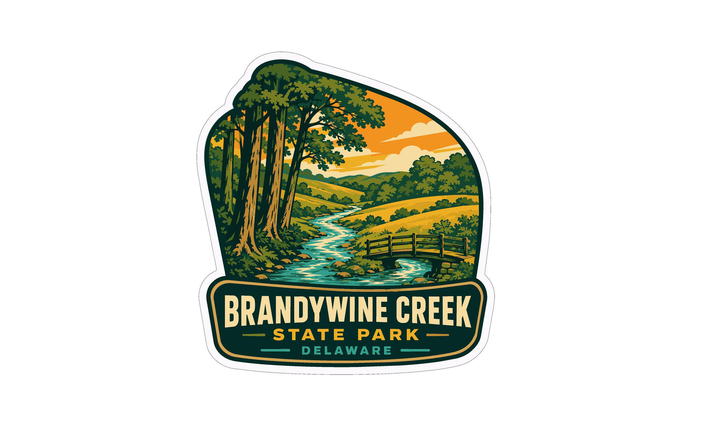 A sticker depicting a scenic landscape with a river, bridge, and trees, with the text "Brandywine Creek State Park, Delaware" prominently displayed.