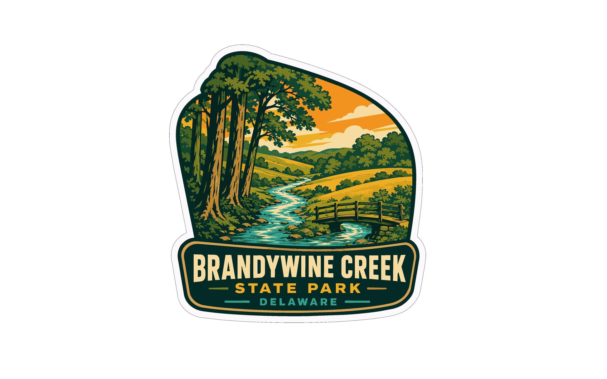 A sticker depicting a scenic landscape with a river, bridge, and trees, with the text "Brandywine Creek State Park, Delaware" prominently displayed.
