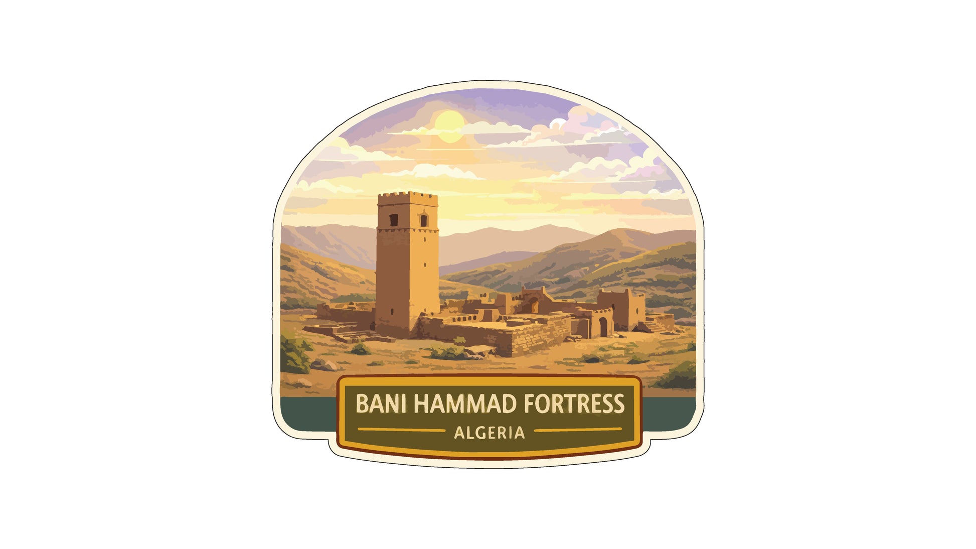 a castle in the Bani Hammad Fortress in Algeria, with a mountainous landscape in the background.