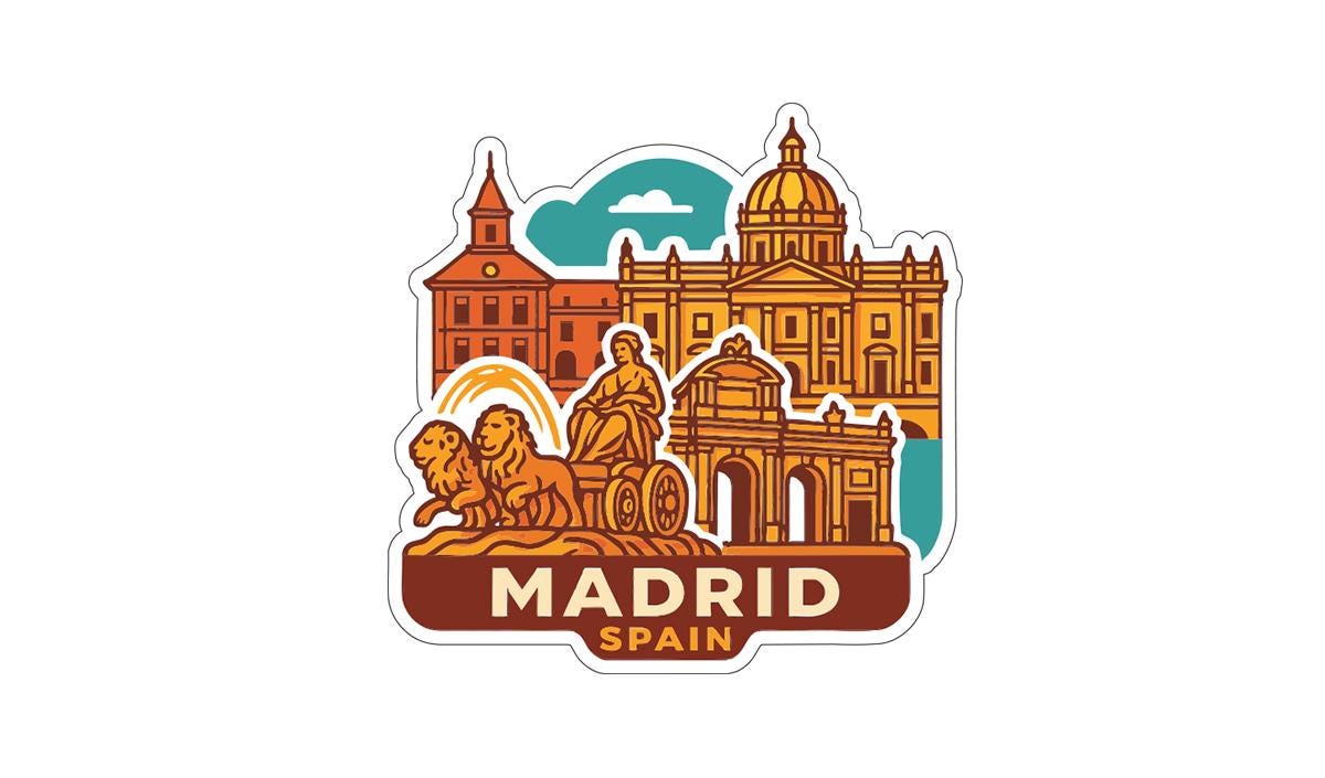 The image is a sticker or illustration depicting the city of Madrid, Spain. It features various landmarks and architectural elements, such as a domed building, a statue, and a chariot pulled by lions. The text "Madrid" is prominently displayed, indicating the city's name.