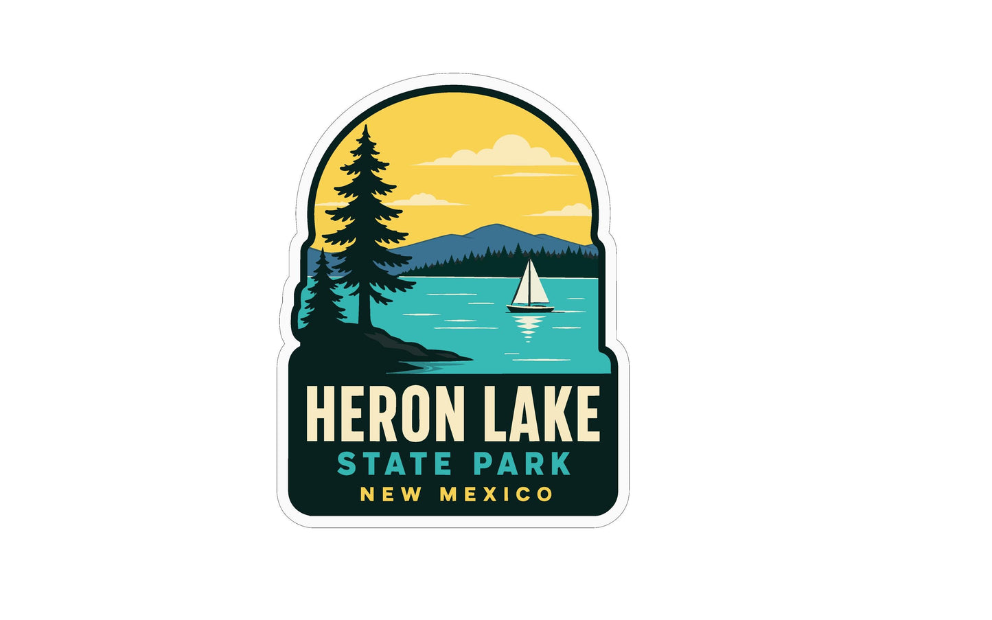 A sticker or logo depicting a scenic landscape with a lake, pine trees, and a sailboat, with the text "HERON LAKE STATE PARK NEW MEXICO" prominently displayed.