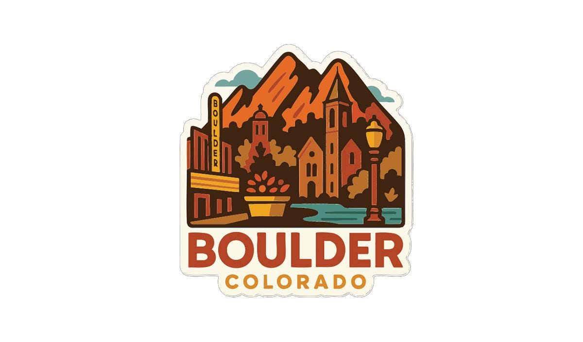 a stylized illustration of a cityscape with mountains in the background, along with various buildings and landmarks, representing the city of Boulder, Colorado.