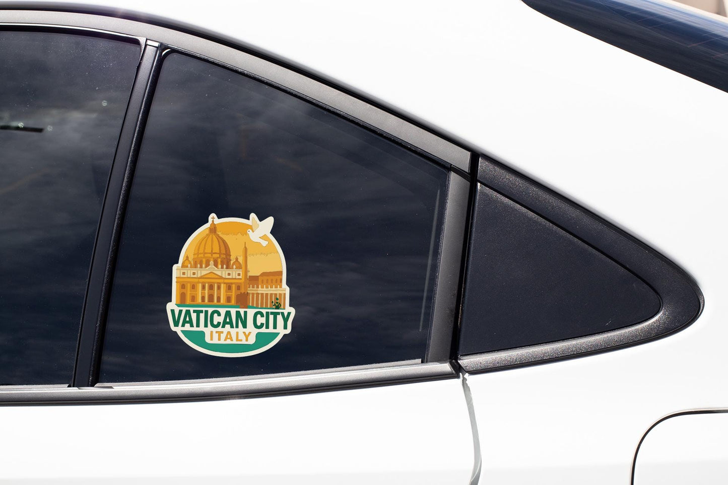 A sticker on the side of a car window that says "VATICAN CITY ITALY".