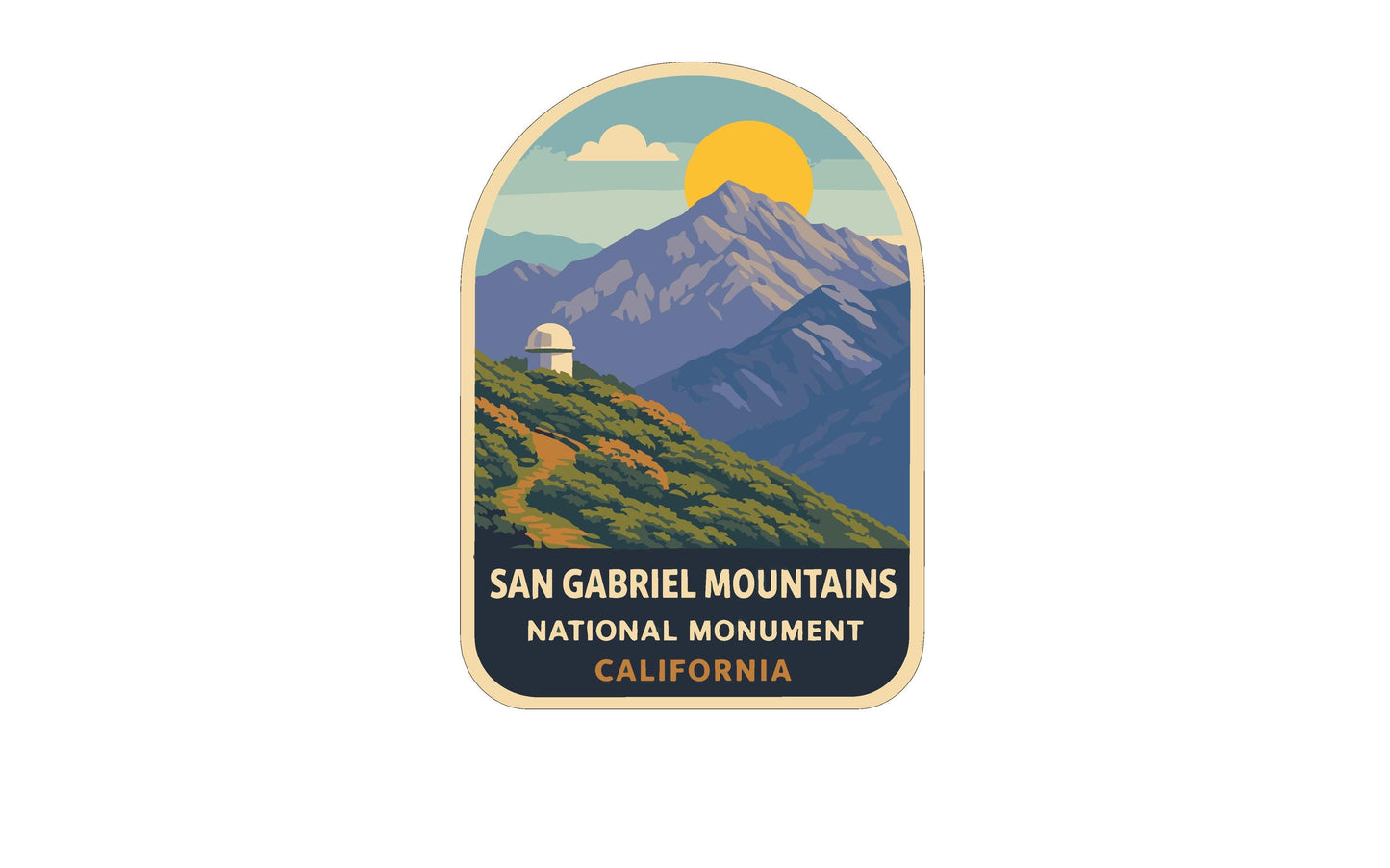 a sticker or emblem with a mountain landscape and a dome-shaped structure, likely representing the San Gabriel Mountains National Monument in California.