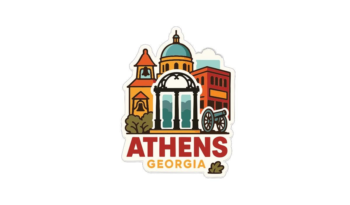 a sticker or logo depicting the city of Athens, Georgia, with various landmarks and buildings, including a dome and a bell tower.