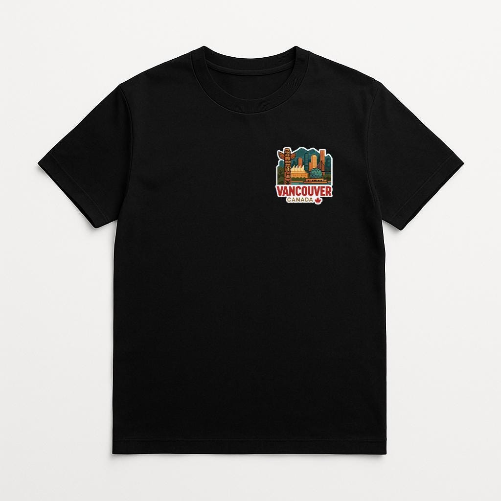 A black t-shirt with a graphic of Vancouver, Canada, printed on the front.