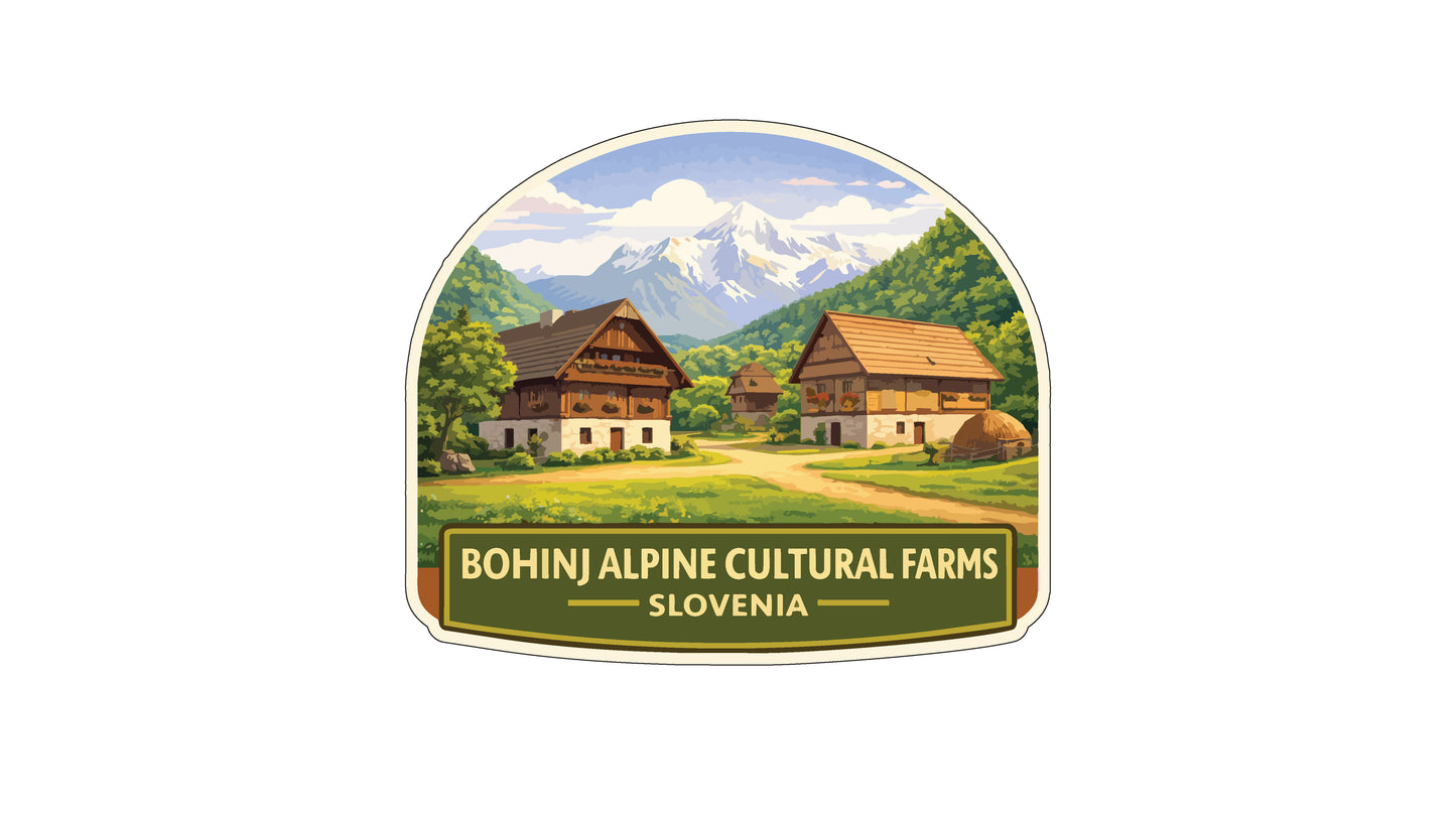 a scenic landscape with two traditional Swiss chalets nestled in a lush green valley, surrounded by a picturesque mountain range. The text "Bohinj Alpine Cultural Farms" and "Slovenia" is displayed prominently, indicating the location and the name of the farm.