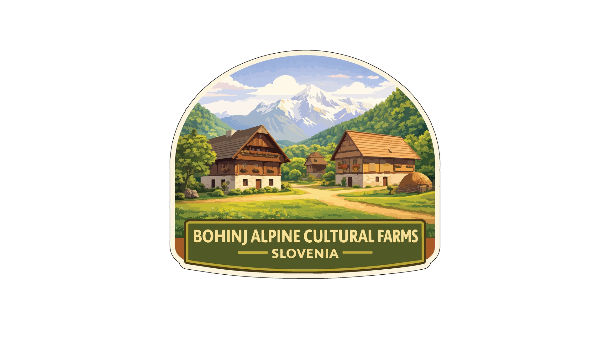 a scenic landscape with two traditional Swiss chalets nestled in a lush green valley, surrounded by a picturesque mountain range. The text "Bohinj Alpine Cultural Farms" and "Slovenia" is displayed prominently, indicating the location and the name of the farm.