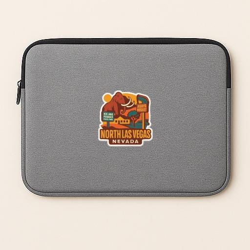 A gray laptop sleeve with a colorful graphic of a monument or landmark, representing the North Las Vegas, Nevada area.