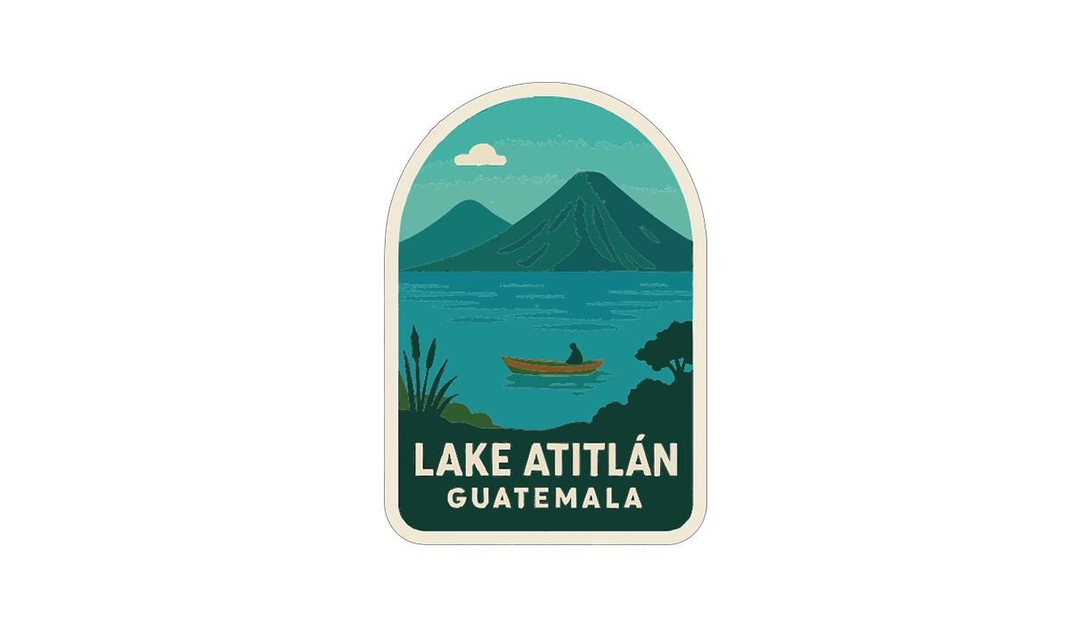 A sticker or label depicting Lake Atitlan in Guatemala, with a person in a boat on the lake and mountains in the background.