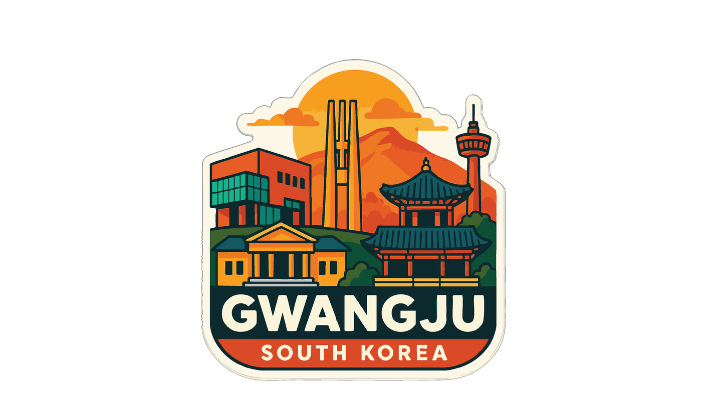 A sticker depicting the skyline of Gwangju, South Korea, with various buildings and landmarks, including a tower and a pagoda, set against a colorful sunset backdrop.