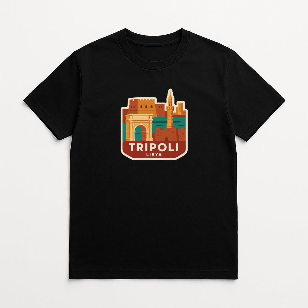A black t-shirt with a graphic design depicting the city of Tripoli, the capital of the island of Lisboa, Portugal.