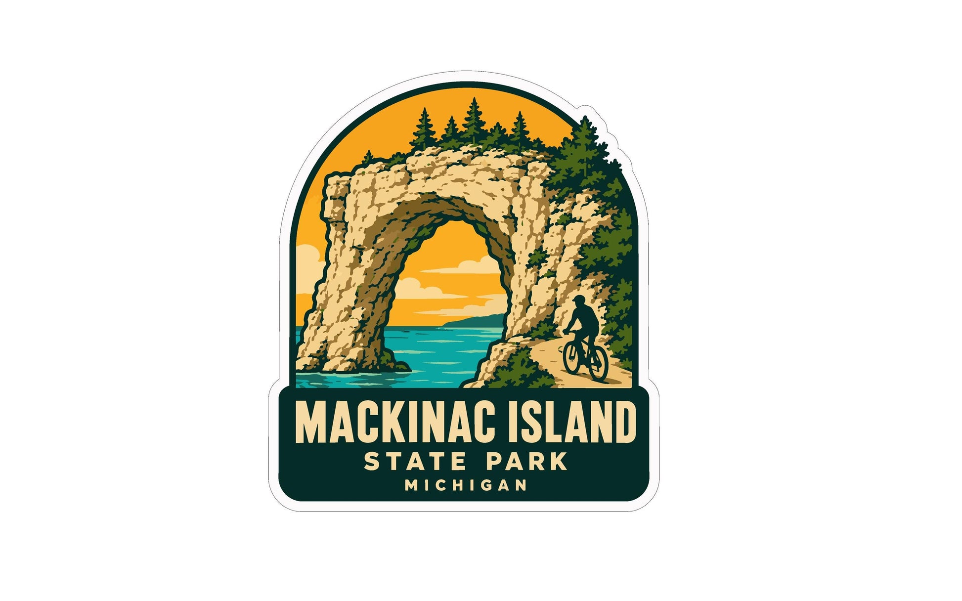 A sticker depicting Mackinac Island, Michigan, with a cyclist riding along a path through a scenic landscape with a rock formation and trees.