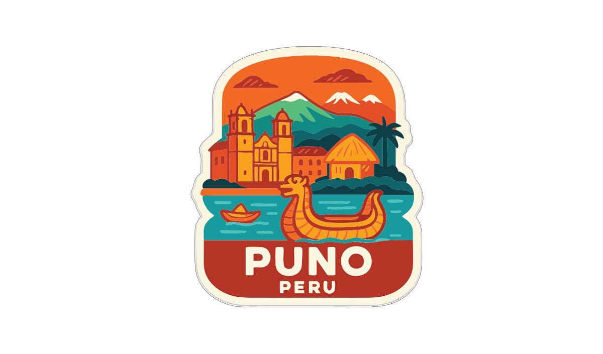 a sticker or label with a colorful illustration of a cityscape, a boat, and mountains in the background.