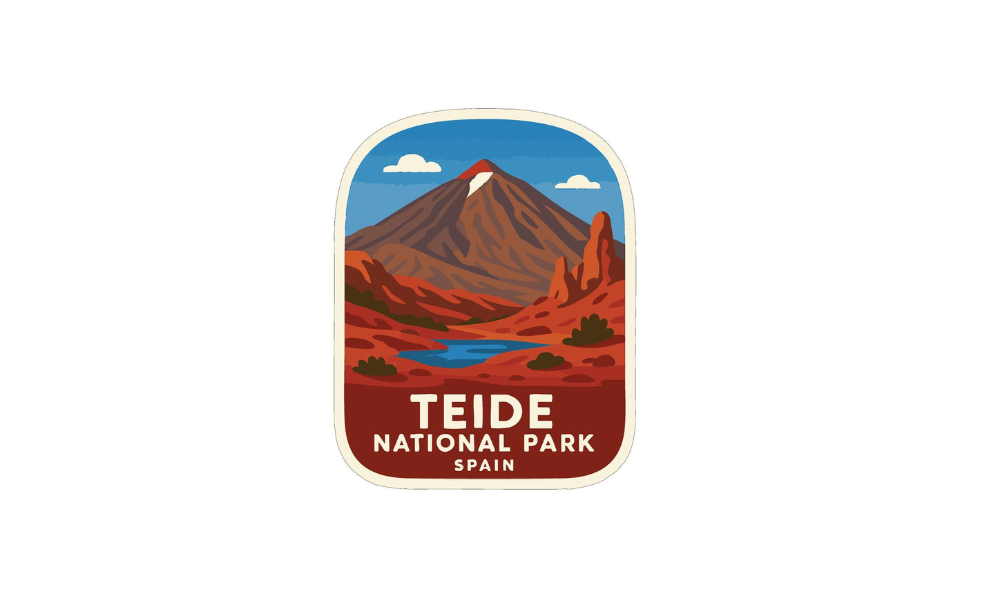 a sticker or emblem for Teide National Park in Spain, depicting a mountain landscape with a lake in the foreground.