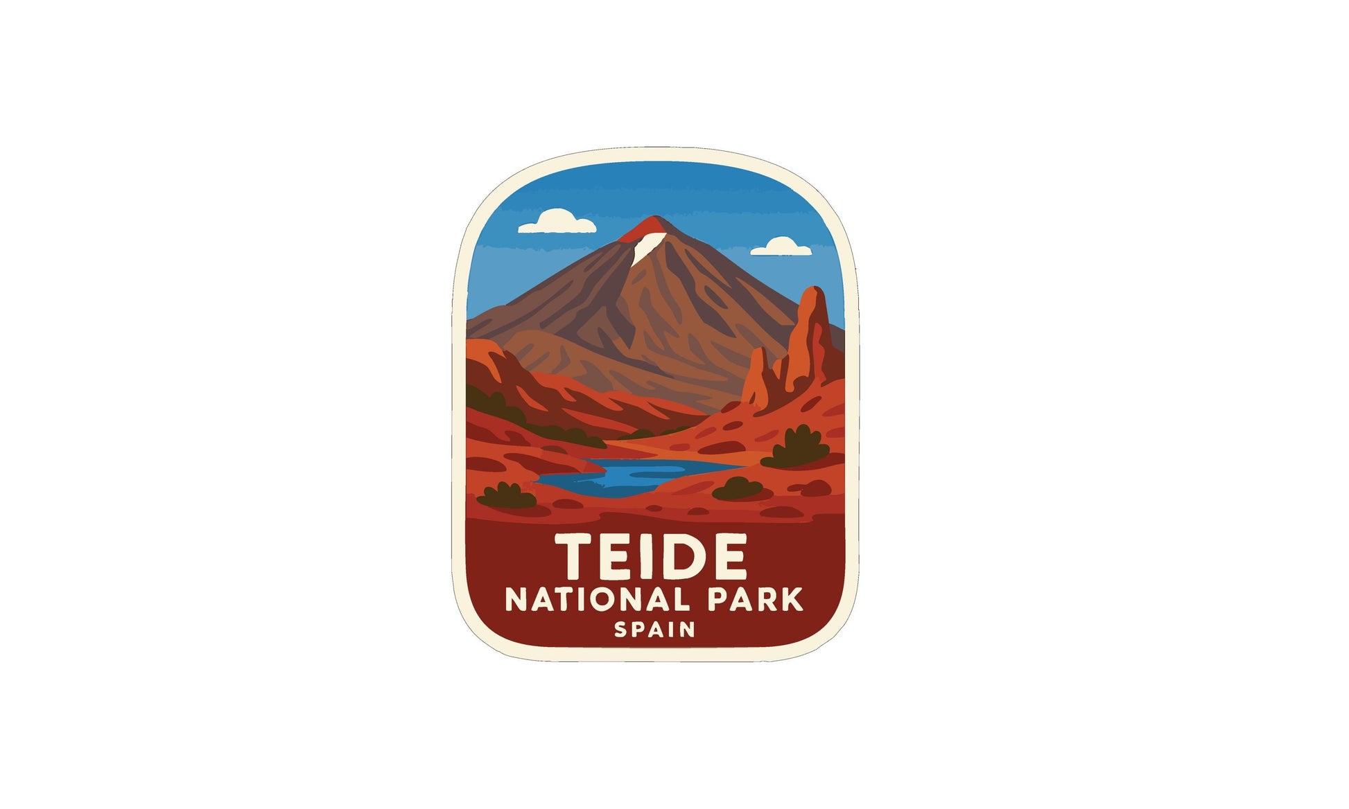 a sticker or emblem for Teide National Park in Spain, depicting a mountain landscape with a lake in the foreground.