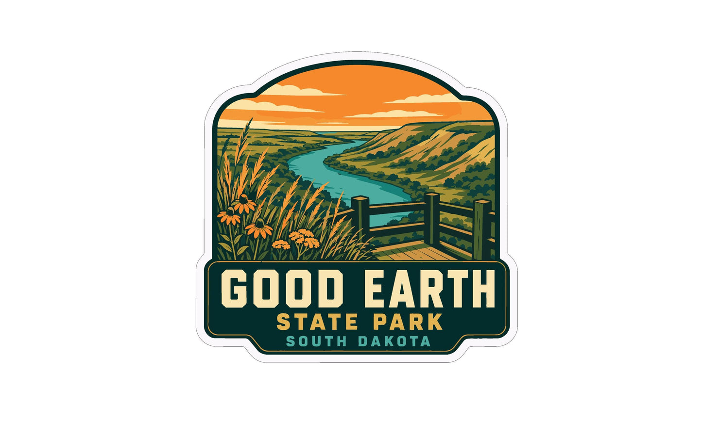 A sticker or logo depicting a scenic landscape with a river, mountains, and a wooden bridge, along with the text "GOOD EARTH STATE PARK SOUTH DAKOTA".