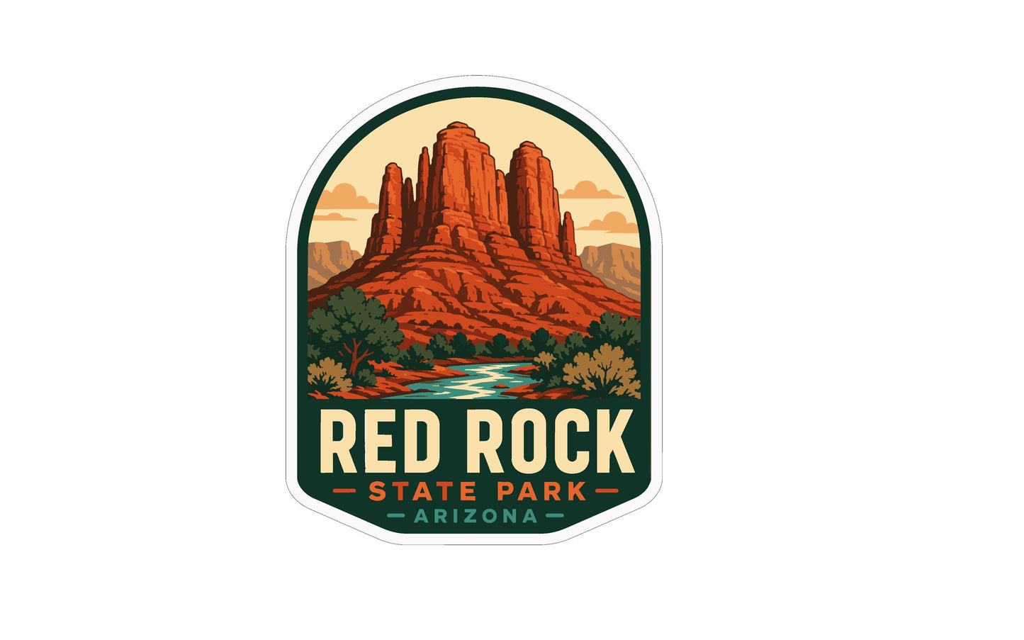A sticker or emblem featuring the iconic red rock formations of Red Rock State Park in Arizona.