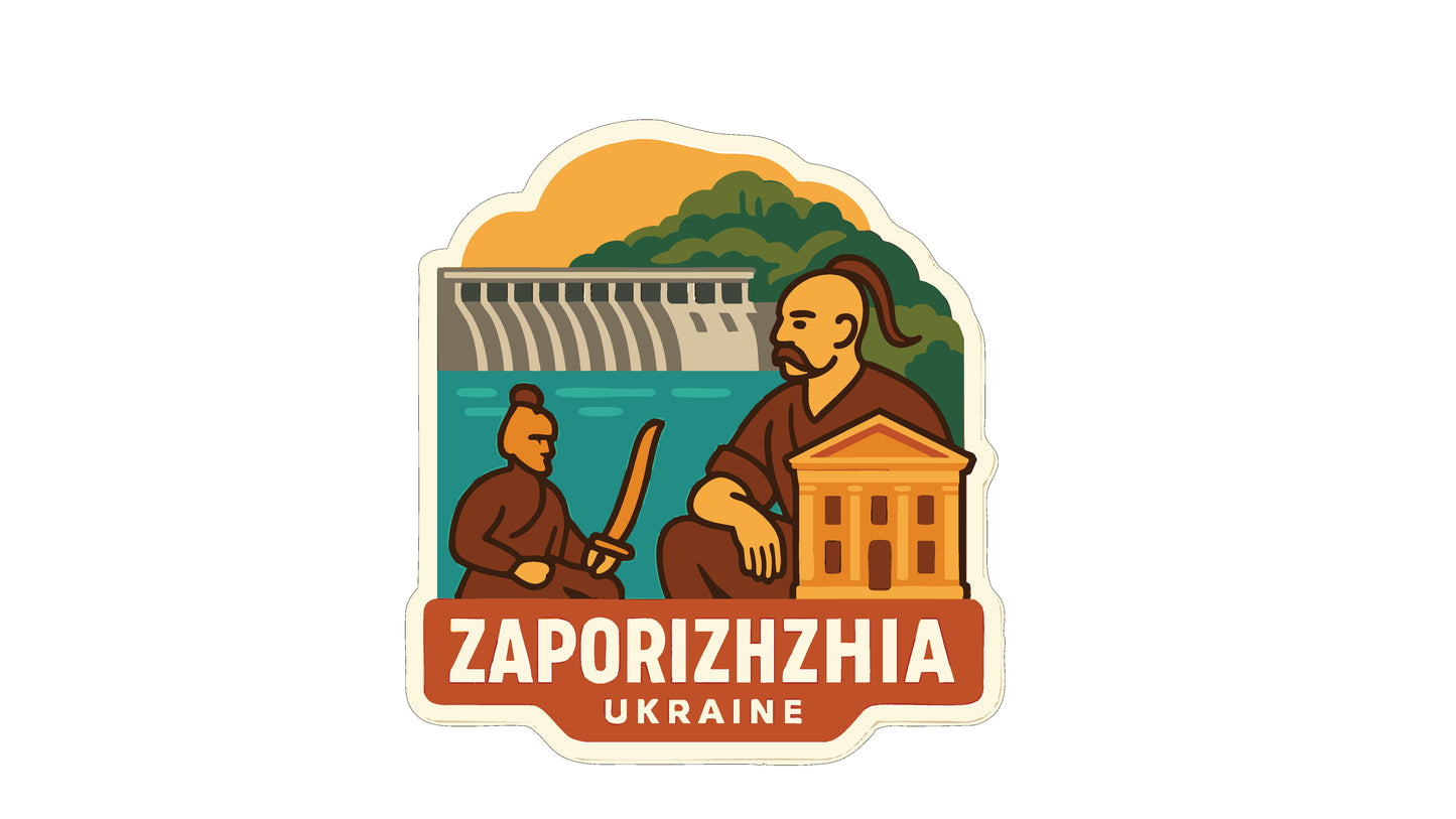 The image is a sticker or illustration featuring a man in traditional attire, a large building, and a body of water, with the text "ZAPORIZHZHIA UKRAINE" prominently displayed.
