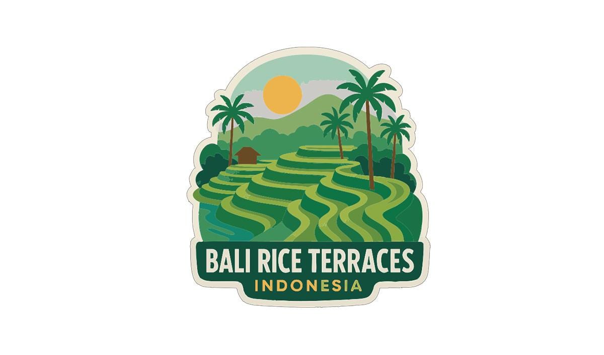 a tropical landscape with palm trees, terraced rice fields, and a sun in the sky.