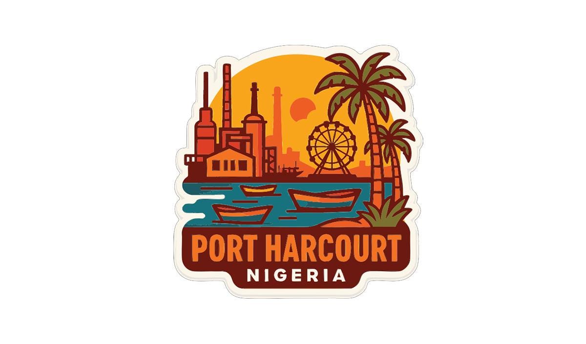a sticker or logo depicting a cityscape with palm trees, a ferris wheel, and boats, along with the text "PORT HARCOURT NIGERIA".