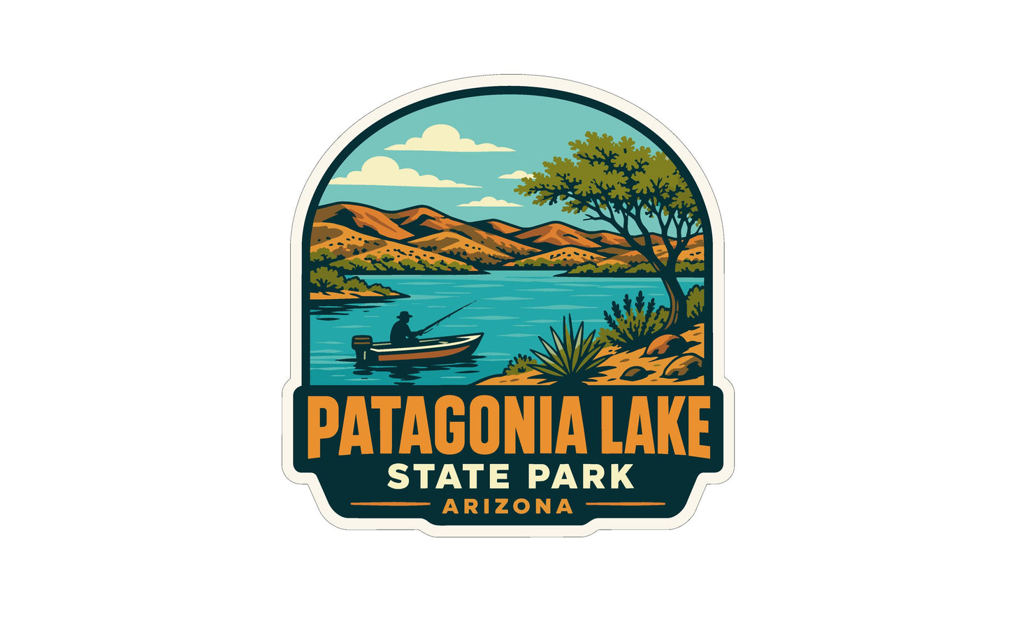 A sticker or emblem featuring a person fishing in Patagonia Lake, with mountains, trees, and a lake in the background.