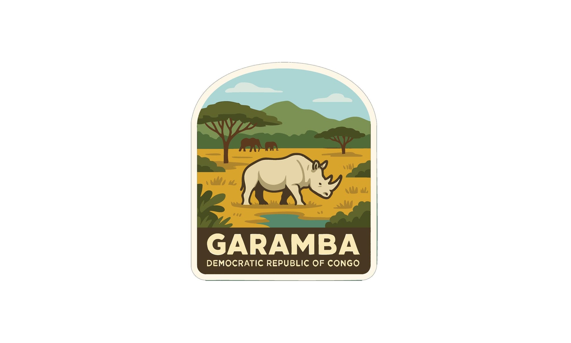 a stylized illustration of a rhinoceros in a savanna landscape, with mountains in the background.