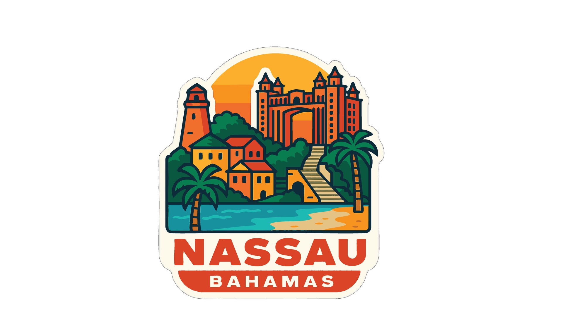 The image is a sticker or illustration depicting a tropical island scene with a castle, palm trees, and a body of water.